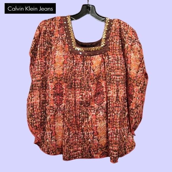 Calvin Klein NEW Artistic Modernism Abstract Gold Speckle Square-Neck Top S - Picture 1 of 10